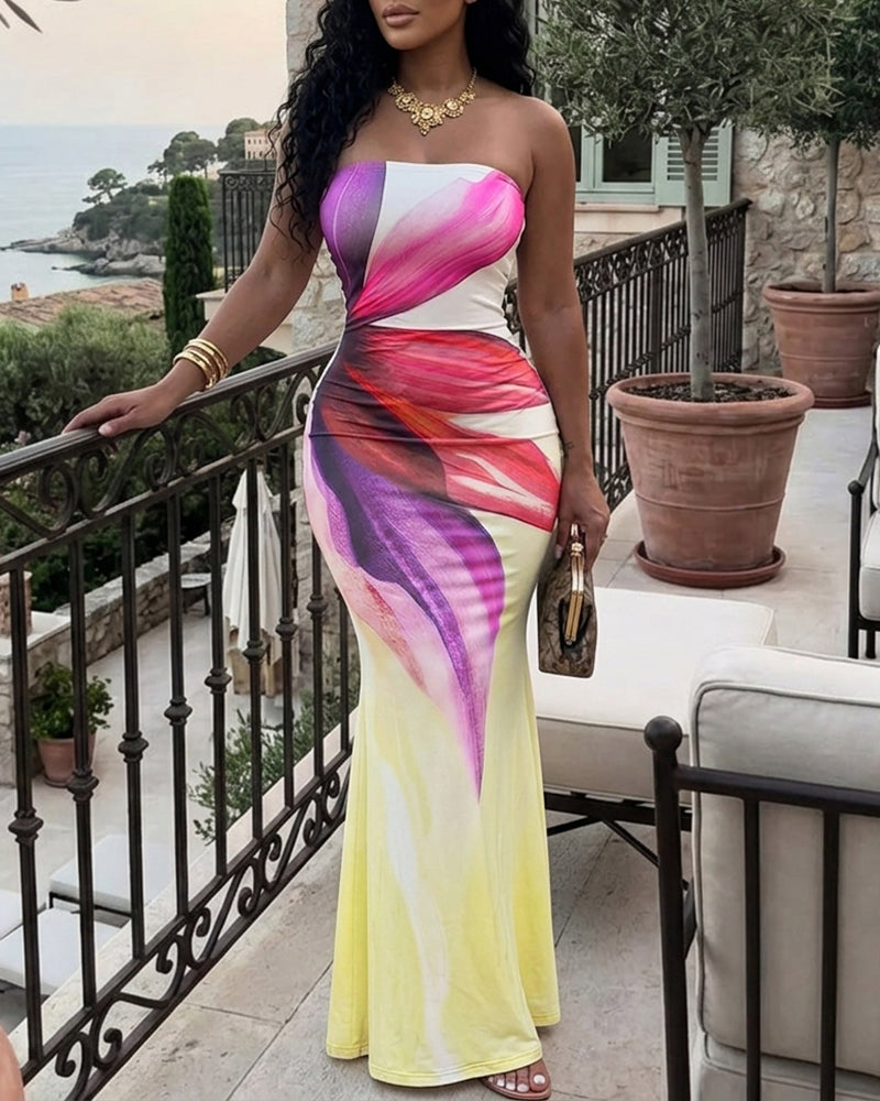 Women's Floral Print Strapless Maxi Dress Sexy Bodycon Mermaid Long Dress Elegant Evening Party Beach Sundress - Image 3
