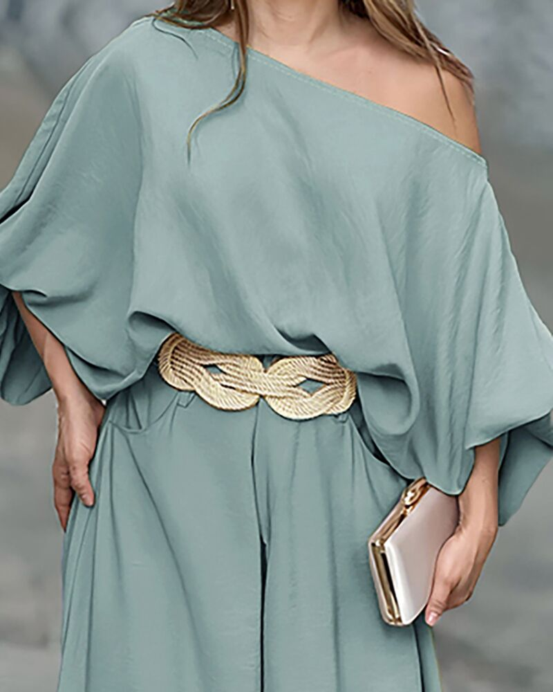 2 Pieces Outfit Turn-down Coll Long Sleeve Button Front Satin Shirt and Casual Vintage Floral Print Elastic Back Waist Wide Leg Pants Set without Belt - Image 17