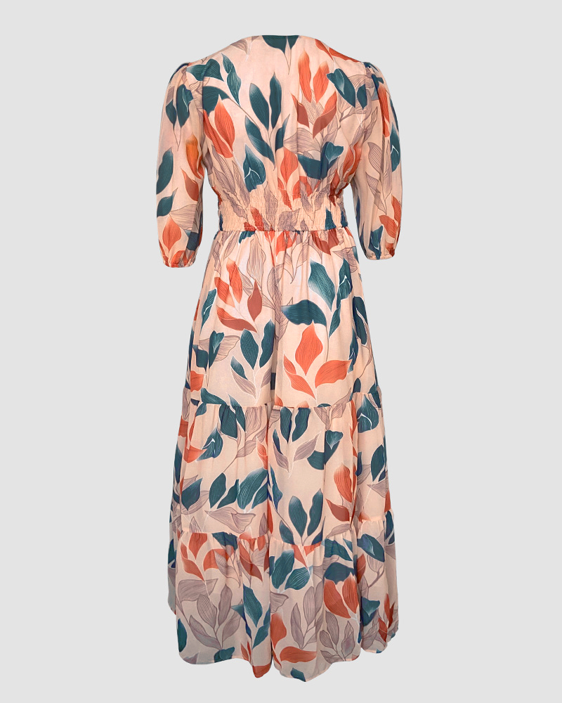 Plants Print V-Neck Half Sleeve Shirred Back Maxi Dress Casual Button Decor Ruched Ruffle Hem Vacation Dress - Image 7