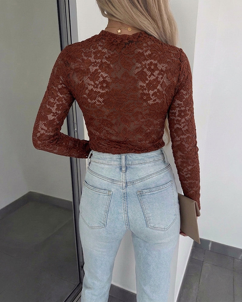Women's Sexy Sheer Lace Top Long Sleeve O-Neck Slim Fit See-Through Elegant Blouse Base Layer Shirt - Image 2
