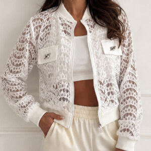 Women's Lace Hollow Out Bomber Jacket Sheer Wave Pattern Lace Zip Up Outerwear Ribbed Trim Coat