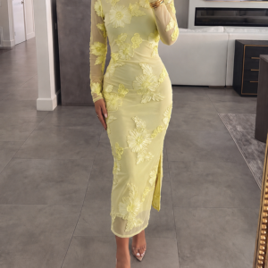 Women's 3D Floral Embroidered Mesh Midi Dress Sexy Sheer Long Sleeve Bodycon Dress Elegant Slit Cocktail Party Gown