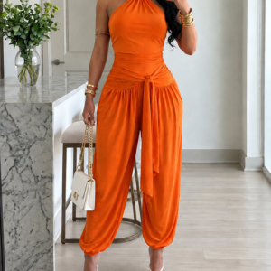 Women's Gold Decor Halter Tie Jumpsuit Sexy Backless Ruched Lantern Overalls Casual Vacation Jumpsuit