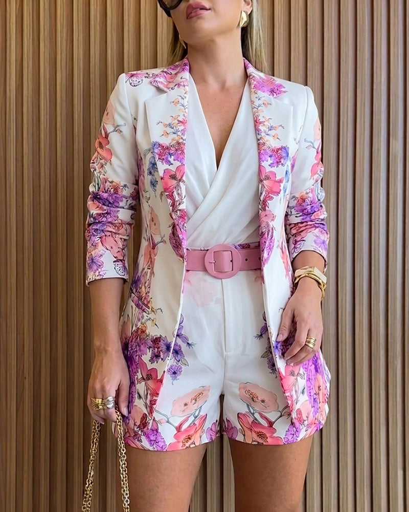 Women's Floral Blazer & Shorts Set Elegant Single-Breasted Coat and High-Waisted Shorts with Belt - Image 3