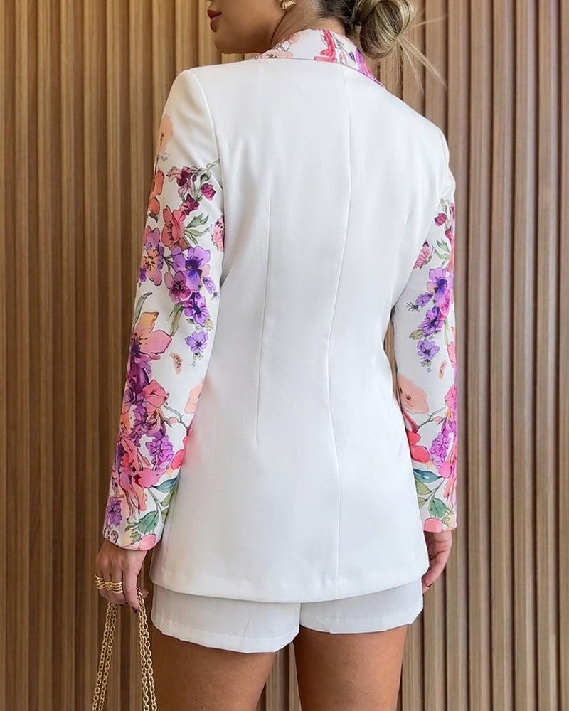 Women's Floral Blazer & Shorts Set Elegant Single-Breasted Coat and High-Waisted Shorts with Belt - Image 2