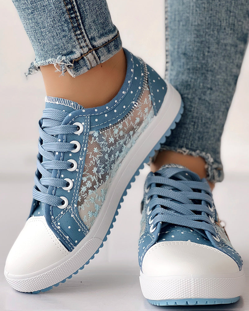 Floral Pattern Embroidery Dot Print Sneakers - Image 7
