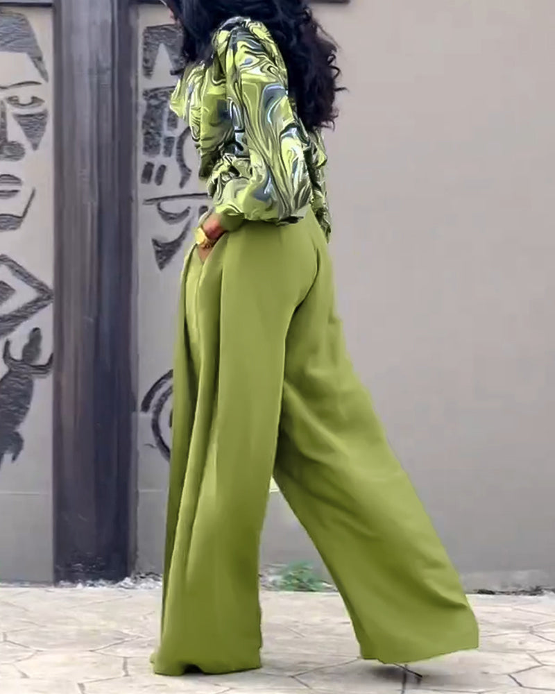 2 Pieces Outfit Abstract Print Cowl Neck Lantern Sleeve Stretchy Hem Crop Top and Casual Zipper Side Ruched Wide Leg Pants Set - Image 3