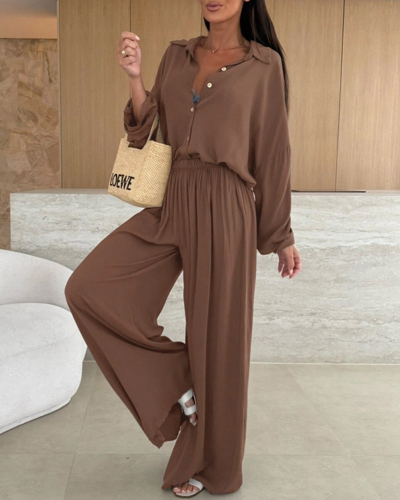 Women's 2 Piece Lounge Set Loose Roll Up Sleeve Button Down Shirt and High Waisted Wide Leg Pants Casual Outfits - Image 6