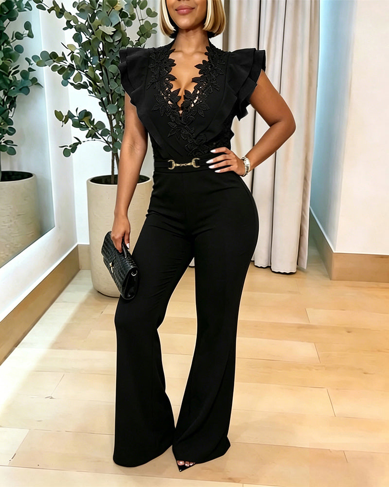 Women's Lace V Neck Jumpsuit Sleeveless Ruffle Overalls High Waisted Tie Waist Flare Leg Jumpsuit with Pockets - Image 5