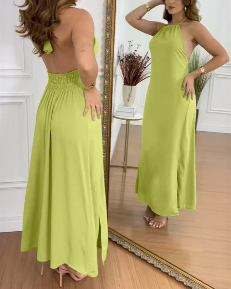 Halter Sleeveless Backless Maxi Dress Casual Shirred Back Side Slit Vacation Dress - Image 29