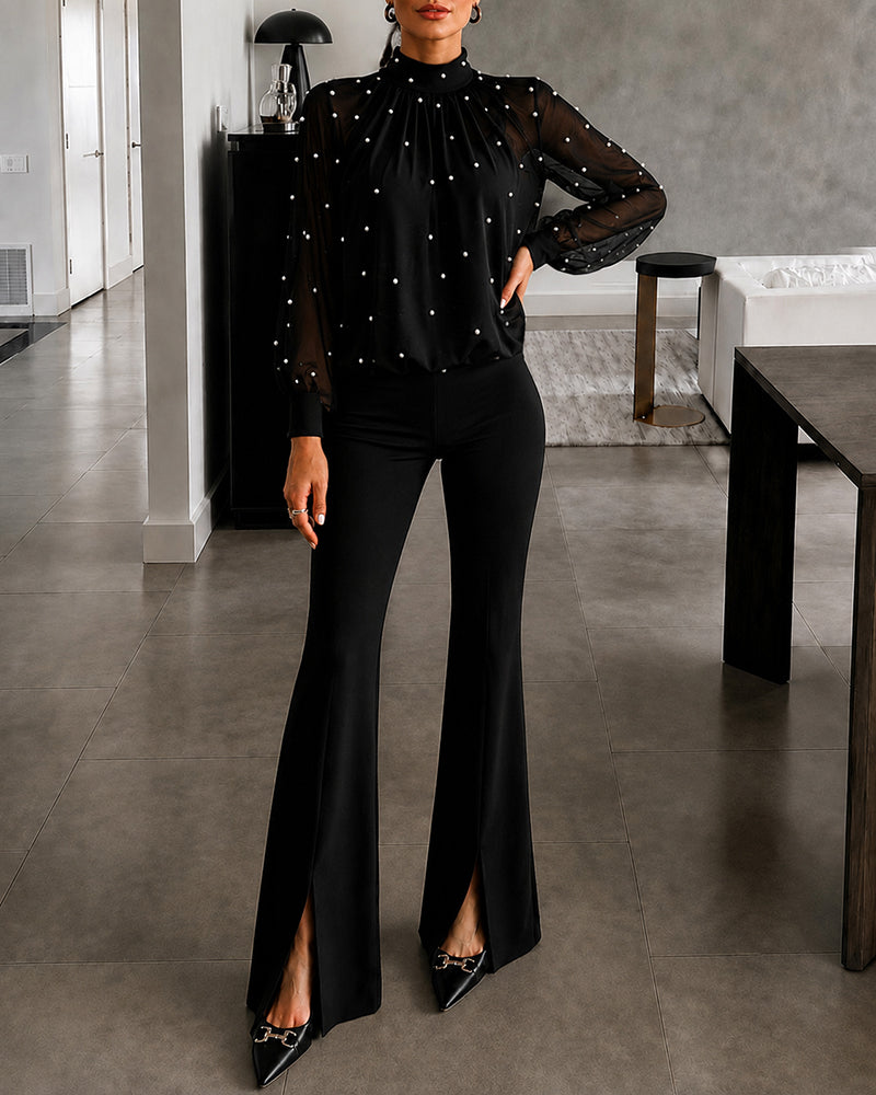 Women's Two Piece Set Mock Neck Lantern Sleeve Pearl Chiffon Top and High Waist Slit Flare Pants - Image 5
