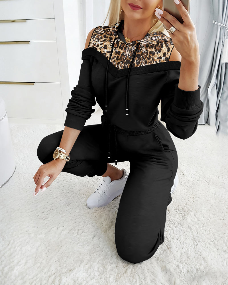 2 Pieces Outfit Sequin Decor Leopard Print Spliced Cold Shoulder Long Sleeve Drawstring Hoodie Sweatshirt and Casual Drawstring Elastic Waist Jogger Sweatpants Set - Image 3