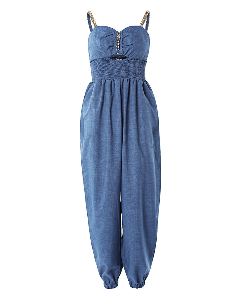 Women's Chain Decor Straps Jumpsuit Hollow Out Shirred Waist Overalls Casual Jogger Jumpsuit with Pockets - Image 6