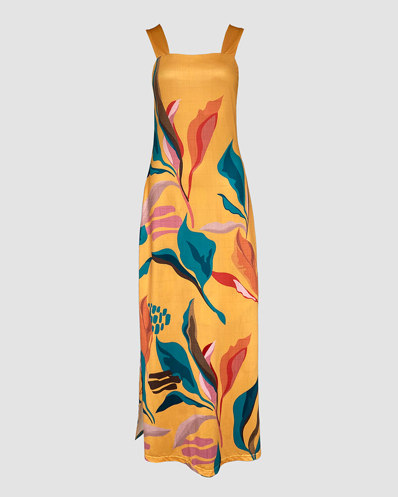 Plants Placement Print Square Neck Thick Strap Side Slit Maxi Dress Casual Vacation Dress with Pockets - Image 5