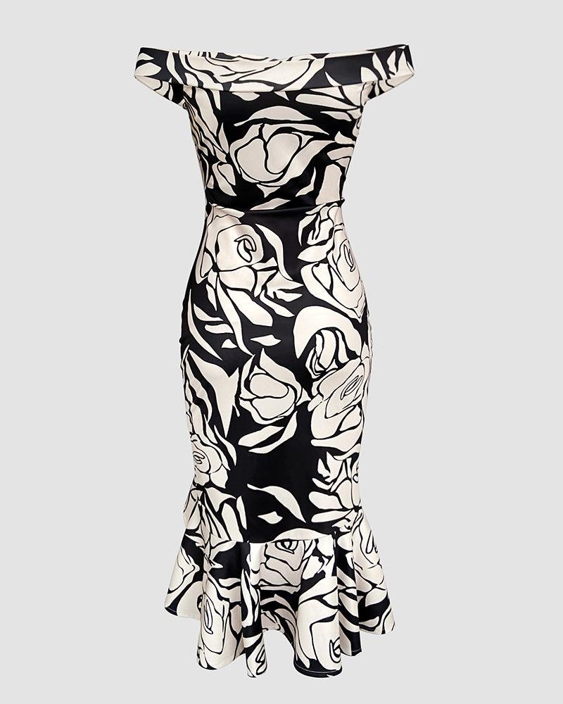 Floral Print Off Shoulder Ruffle Hem Slit Dress Slim Fit Party Dress - Image 5