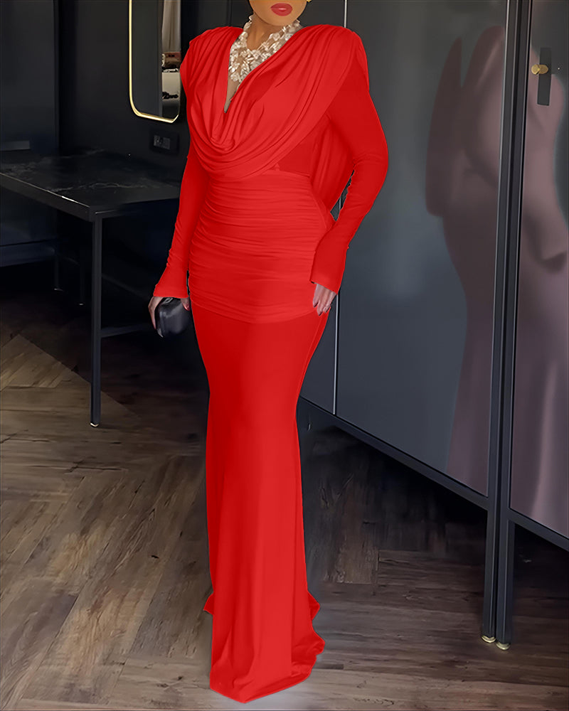 Cowl Neck Ruched Zipper Back Slim Fit Maxi Dress Casual Padded Shoulders Backless Evening Dress - Image 11