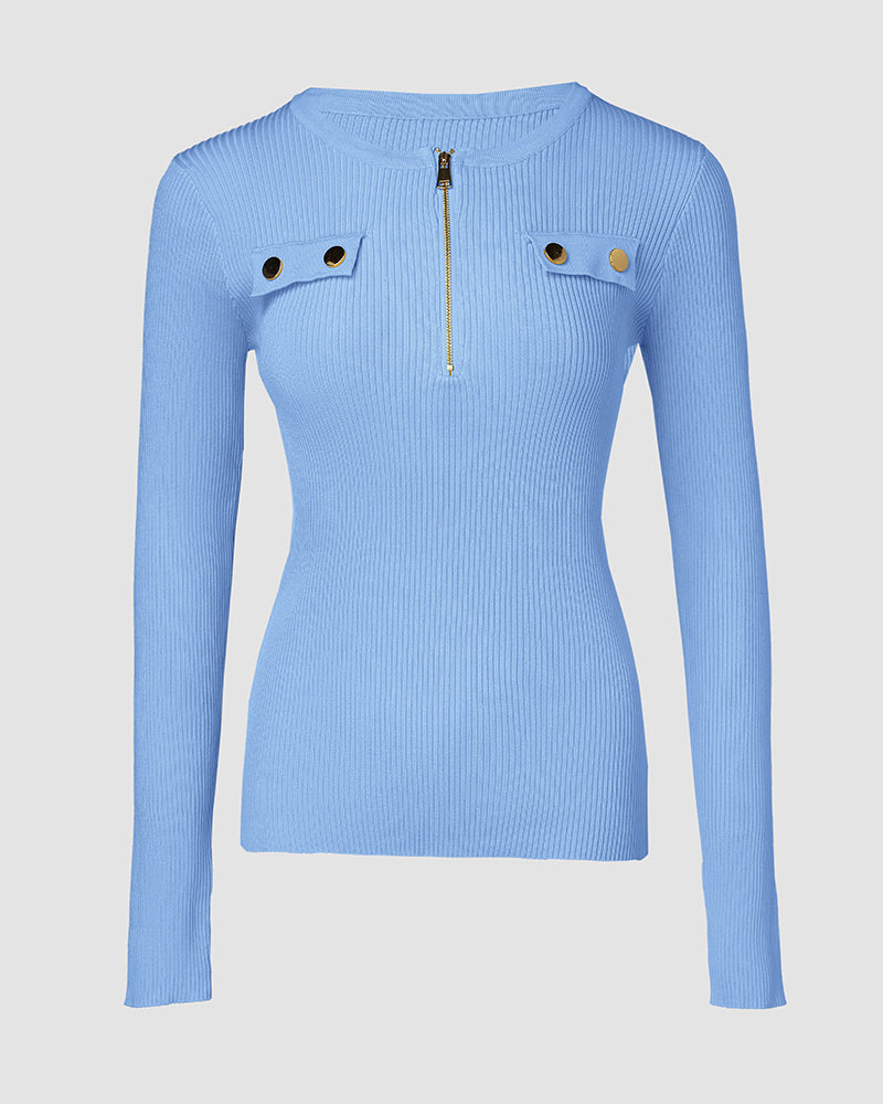 Crewneck Half Zipper Flap Detail Knit Sweater Long Sleeve Slim Fit Ribbed Pullover Top - Image 23