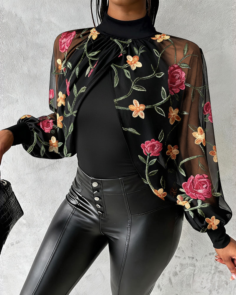 Mock Neck Floral Embroidery Cape-style Mesh Lantern Sleeve Spliced Blouse Ruched Hollow-out Back Slim Fit Top - Image 5