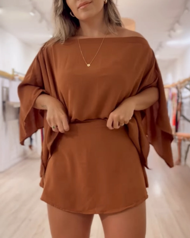 3 Pieces Outfit Solid Off Shoulder Split Sleeve Convertible Crop Top and Casual Elastic Waist Skorts Set With Bandeau(Without Belt) - Image 7