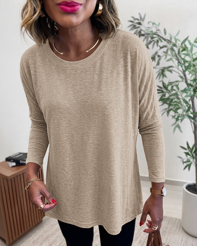 Women's Asymmetric Hem Long Sleeve Top Loose Fit Dropped Shoulder Crewneck Soft Slouchy Casual Tee - Image 17