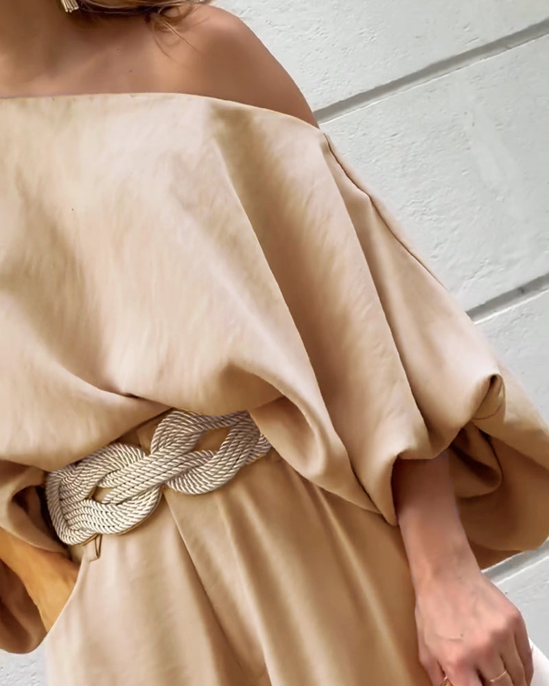 2 Pieces Outfit Turn-down Coll Long Sleeve Button Front Satin Shirt and Casual Vintage Floral Print Elastic Back Waist Wide Leg Pants Set without Belt - Image 6