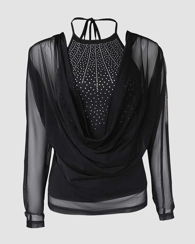 Rhinestone Decor Halter Tie Cowl Neck Long Sleeve Tee Casual Sheer Mesh Spliced Backless Top - Image 7
