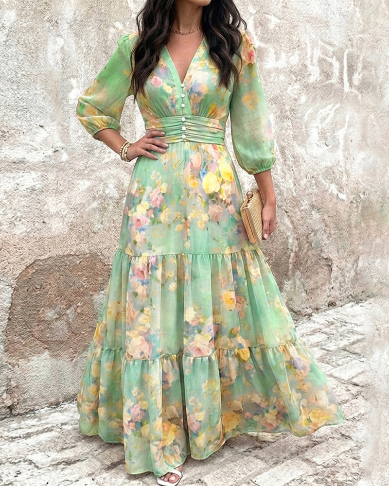 CHICME Women's Watercolor Floral V-Neck Shirred High Waist Maxi Dress Three Quarters Lantern Sleeve A-Line Ruffle Hem Chiffon Vacation Dress - Image 6
