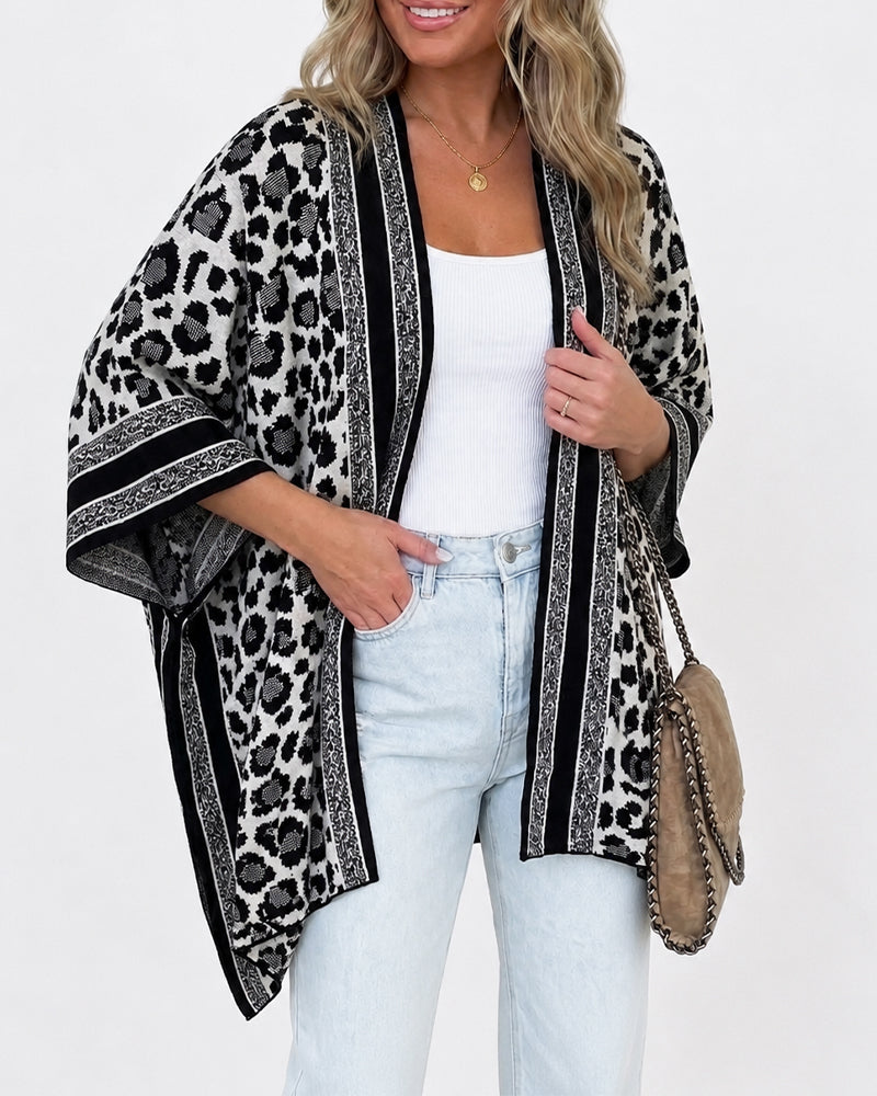 Women's Leopard Print Poncho Cardigan Contrast Striped Trim Open Front Loose Fit Batwing Sleeve Knit Cape Shawl - Image 4