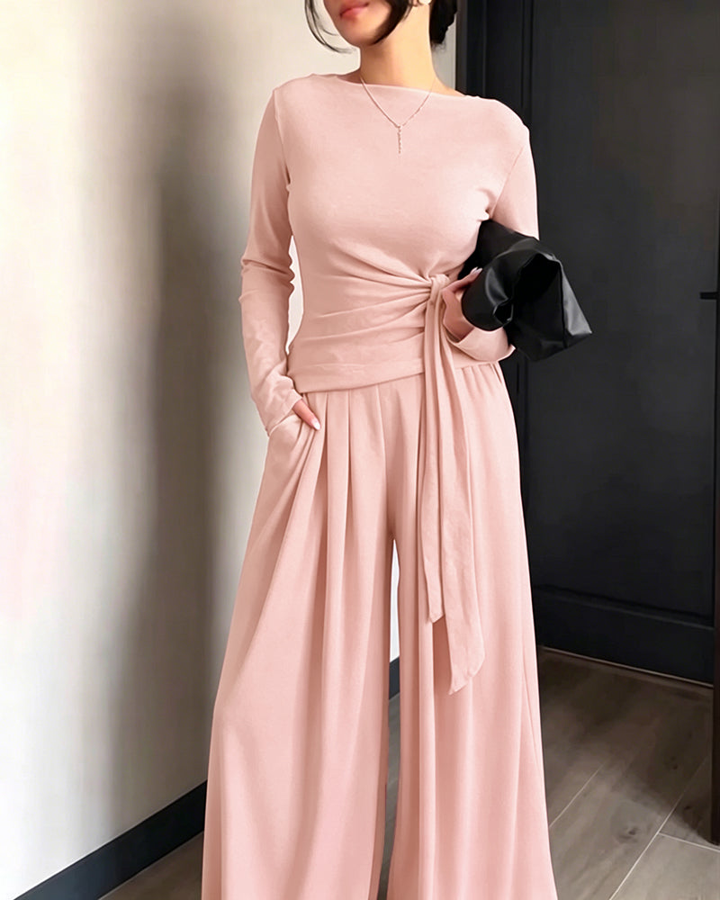 Women's 2 Piece Knit Lounge Set Long Sleeve Tie Waist Top and High Waisted Wide Leg Pants Casual Soft Sweatsuit with Pockets - Image 7