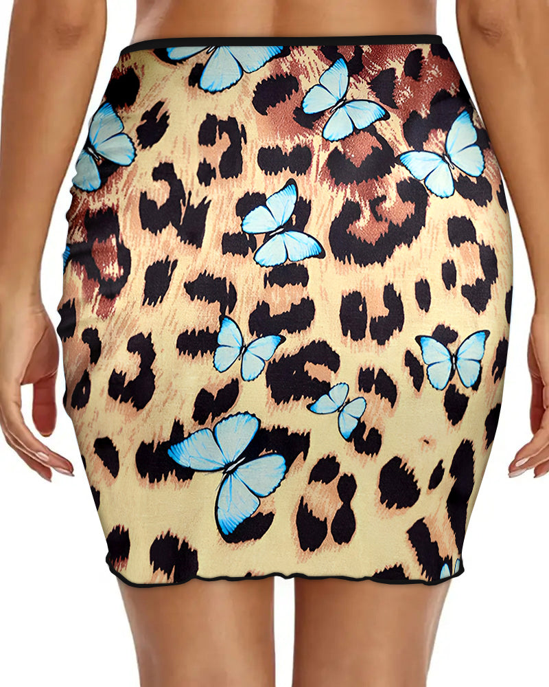 Women's Butterfly Leopard Print Slim Fit Swim Skirt Side Drawstring Ruched Sheer Mesh Bikini Beach Skirt - Image 2