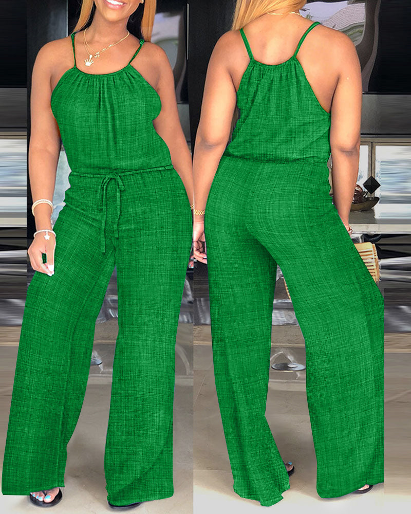Womens Spaghetti Strap Drawstring Tied Waist Jumpsuit Casual Overalls - Image 13
