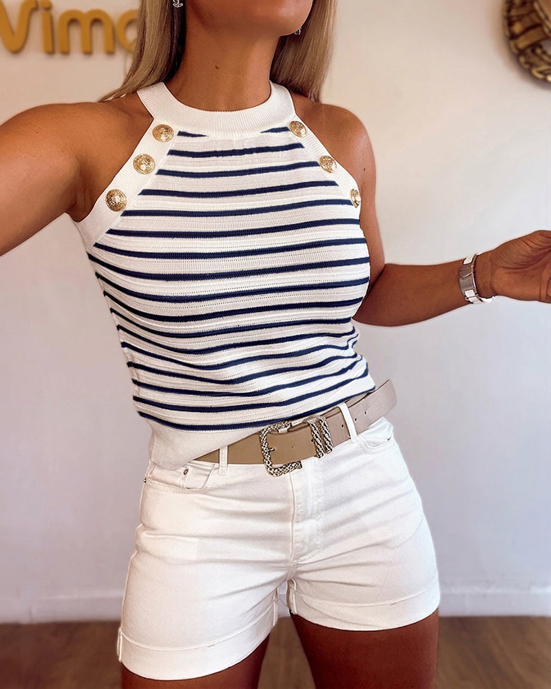 Women's Halter Neck Tank Top Striped Sleeveless Gold Button Contrast Binding Knit Top - Image 4