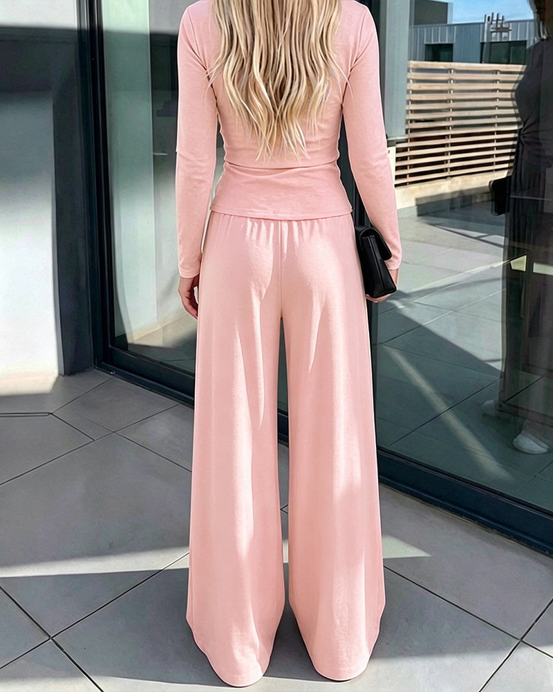 Women's 2 Piece Knit Lounge Set Long Sleeve Tie Waist Top and High Waisted Wide Leg Pants Casual Soft Sweatsuit with Pockets - Image 6
