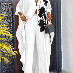 2 Pieces Outfit Floral Placement Print V-Neck Batwing Sleeve High Slit Front Longline Top and Casual Drawstring Elastic Waist Pants Set with Pockets & Lining