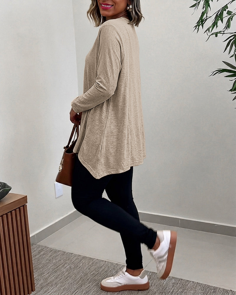 Women's Asymmetric Hem Long Sleeve Top Loose Fit Dropped Shoulder Crewneck Soft Slouchy Casual Tee - Image 15