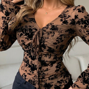 Women's Deep V Neck Mesh Top Flocked Floral Drawstring Ruched Slim Fit Blouse Lined Flare Long Sleeve Shirt