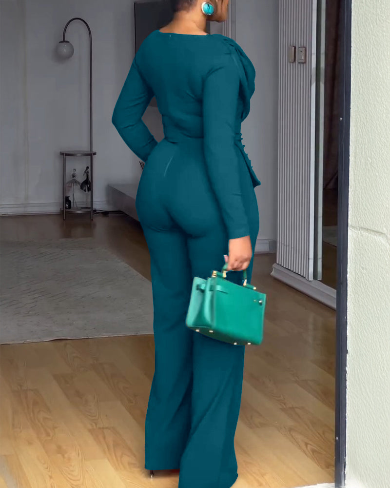 Cowl Neck Asymmetrical Textured Patchwork Cinched Waist Jumpsuit Casual Zipper Back Wide Leg Jumpsuit - Image 16