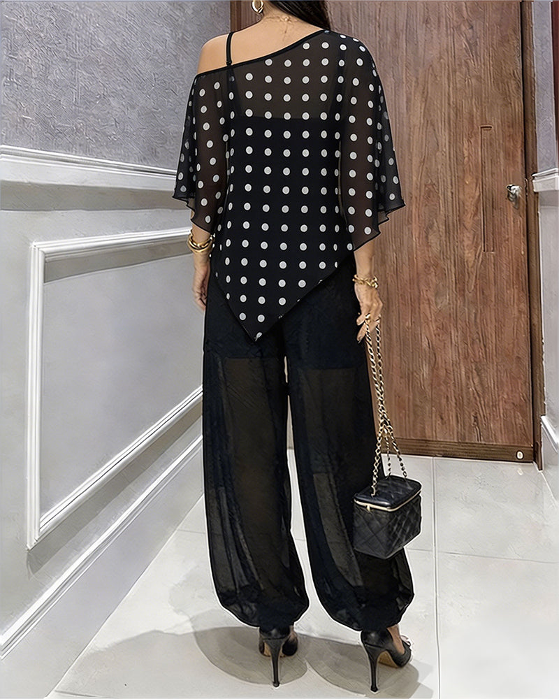 Women's 3 Piece Outfits Polka Dot Skew Neck Cape Top and Sheer Lantern Pants Set with Camisole Liner Party Clubwear - Image 2