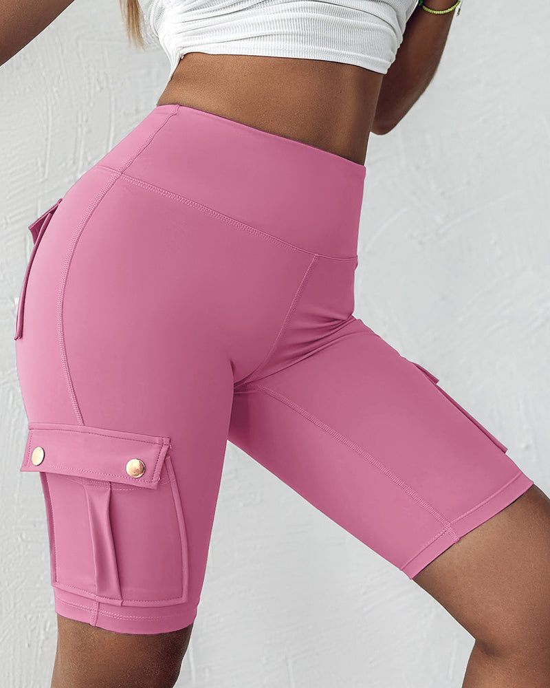 Tummy Control Butt Lifting Active Shorts High Waist Flap Pocket Workout Bermuda Cargo Running Shorts - Image 15