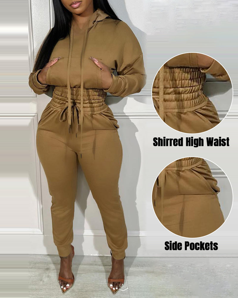 2 Pieces Outfit Drop Shoulder Kangaroo Pocket Stretchy Hem Crop Drawstring Hoodie Sweatshirt And Drawstring Elastic Waist Jogger Sweatpants Casual Tracksuit - Image 3