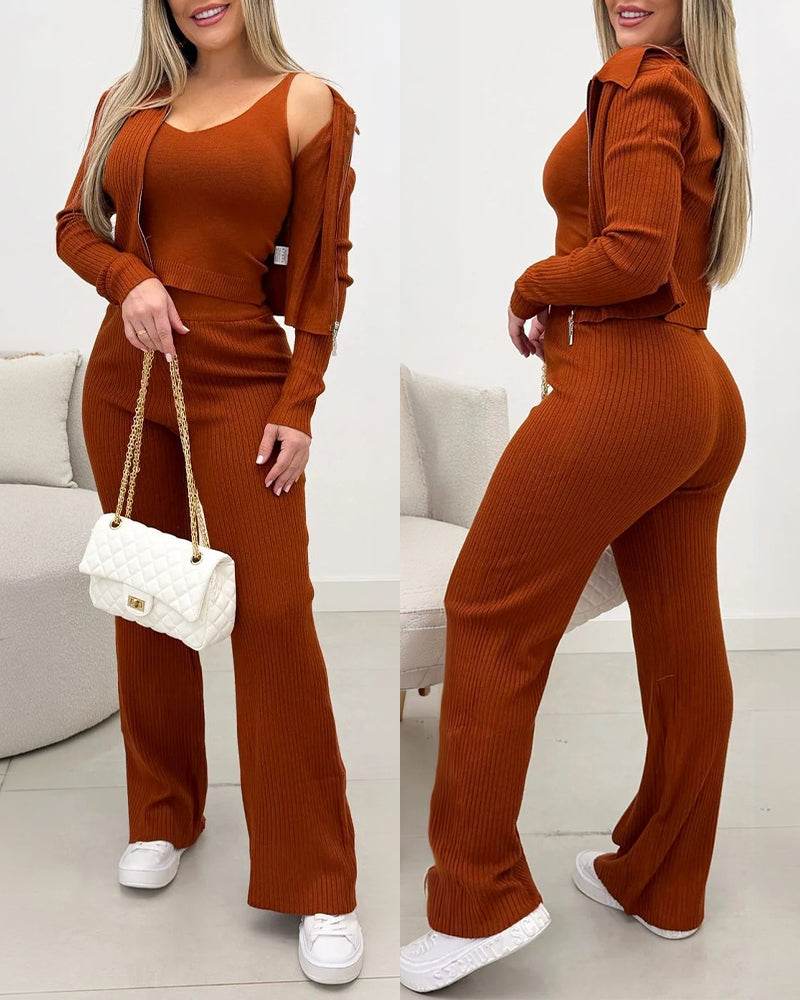 Women's Three Piece Knit Outfit Collared Two Way Zipper Coat and V Neck Tank Top and Bootcut Pants Ribbed Set - Image 7