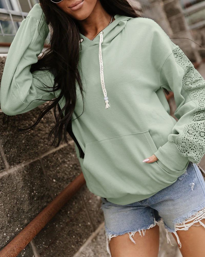 Women's Lace Splice Hoodie Drawstring Pullover Sweatshirt with Kangaroo Pocket - Image 4