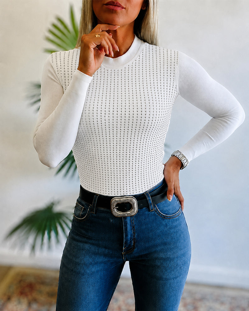 Women's Rhinestone Sparkle Ribbed Long Sleeve Crewneck Top - Image 4