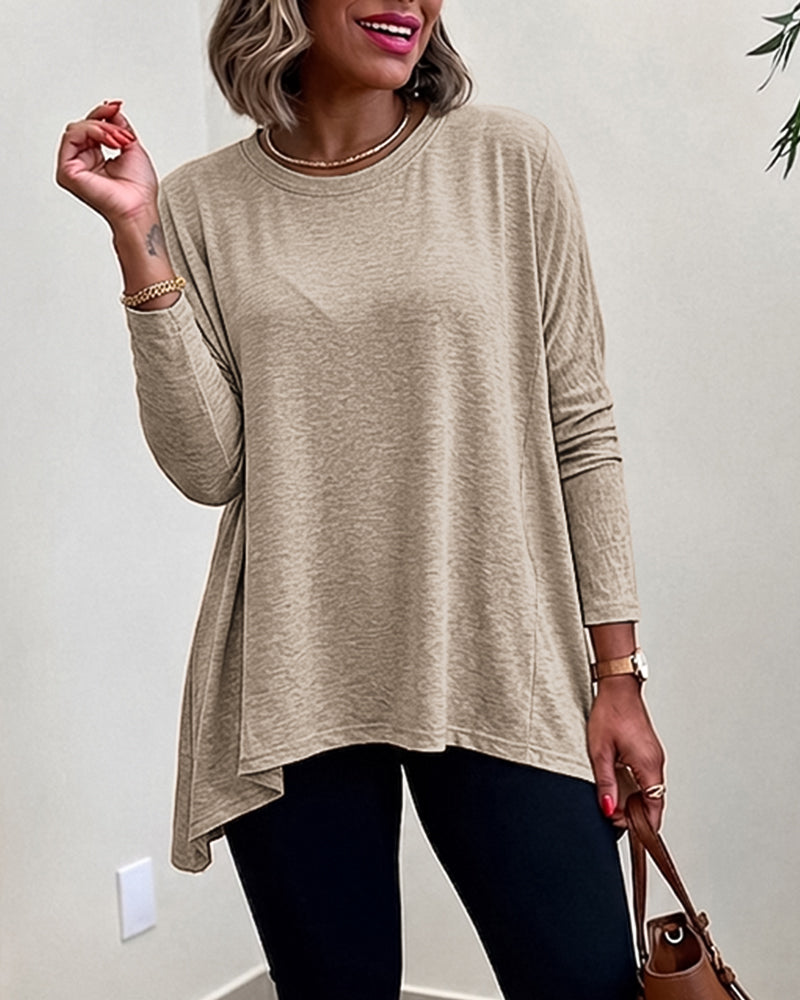 Women's Asymmetric Hem Long Sleeve Top Loose Fit Dropped Shoulder Crewneck Soft Slouchy Casual Tee - Image 19