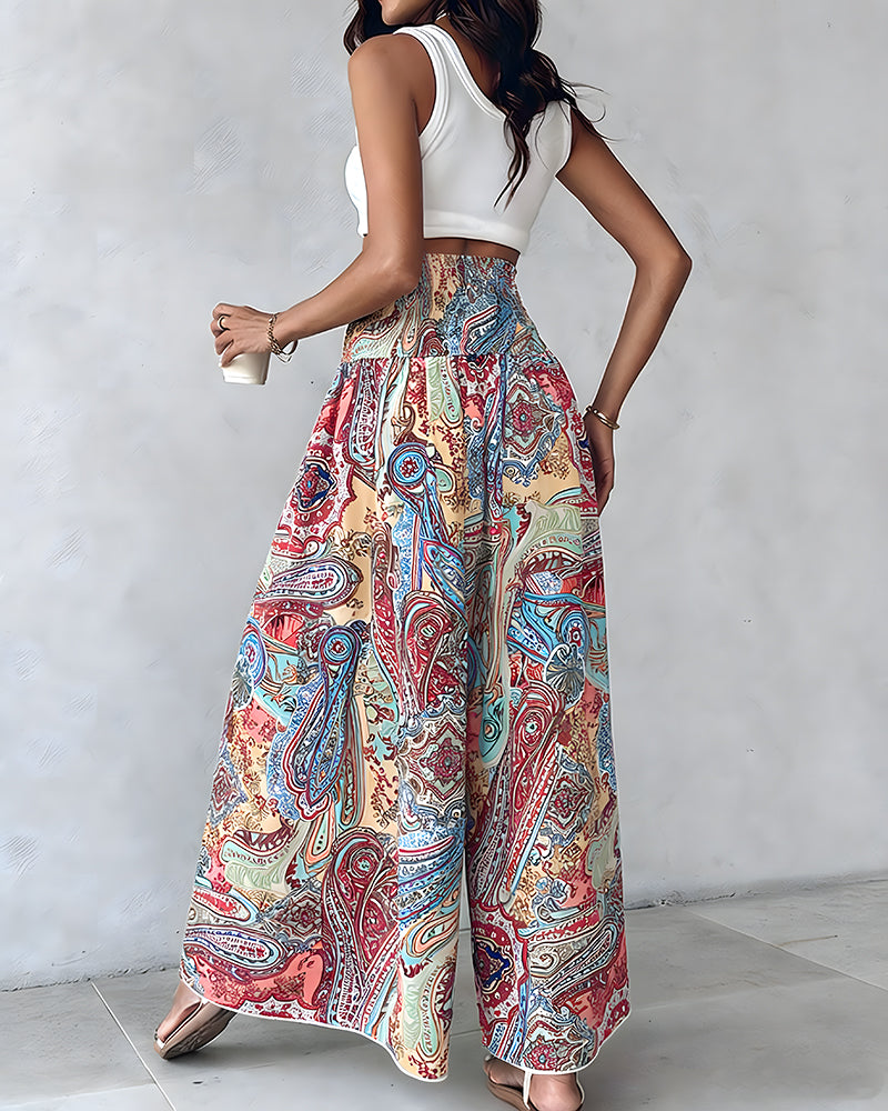 CHICME Women's Vintage Print Wide Leg Pants High Waisted Shirred Waist A-Line Trousers Flowy Boho Vacation Palazzo Pants - Image 2