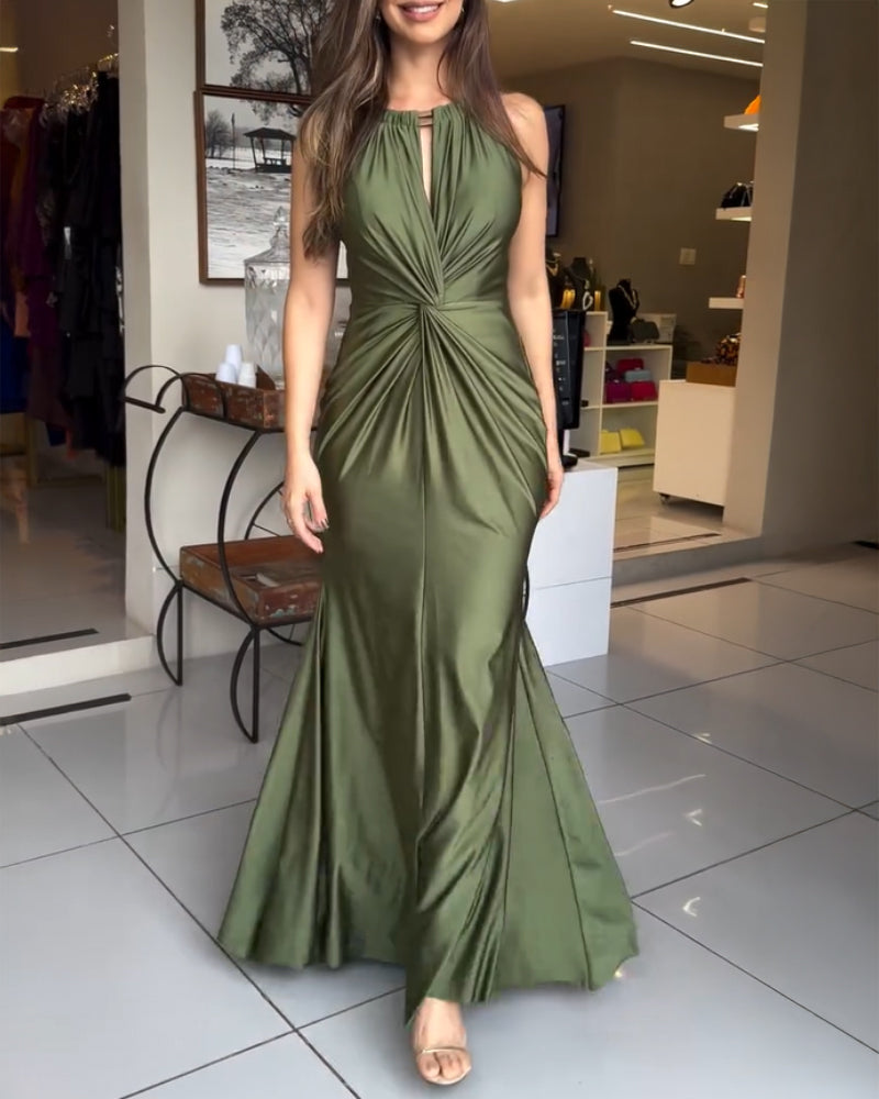 Women's Halter Tie Satin Maxi Dress Twist Front Cutout Backless Mermaid Cockail Dress Ruched Evening Party Dress - Image 4