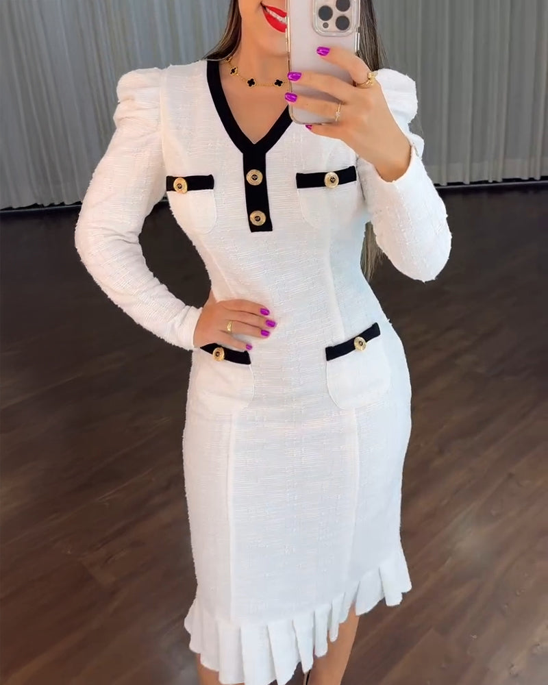 Button Decor Contrast Paneled V-Neck Puff Sleeve Zipper Back Commuting Dress Pockets Design Pleated Hem Tweed Dress - Image 7
