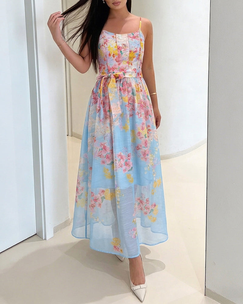 CHICME Women's Watercolor Floral Cami Dress Adjustable Straps High Waist A-Line Maxi Dress with Matching Belt - Image 3