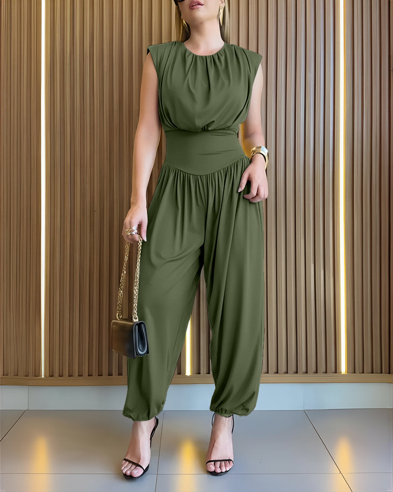Padded Shoulders Sleeveless Cinched Waist Side High Slit Overalls Casual Hollow-out Back Ruched Jumpsuit - Image 5