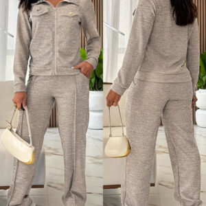 Women's Casual Tracksuit Set Zip Up Long Sleeve Lapel Jacket and High Waisted Straight Leg Pants Lounge Set with Pockets